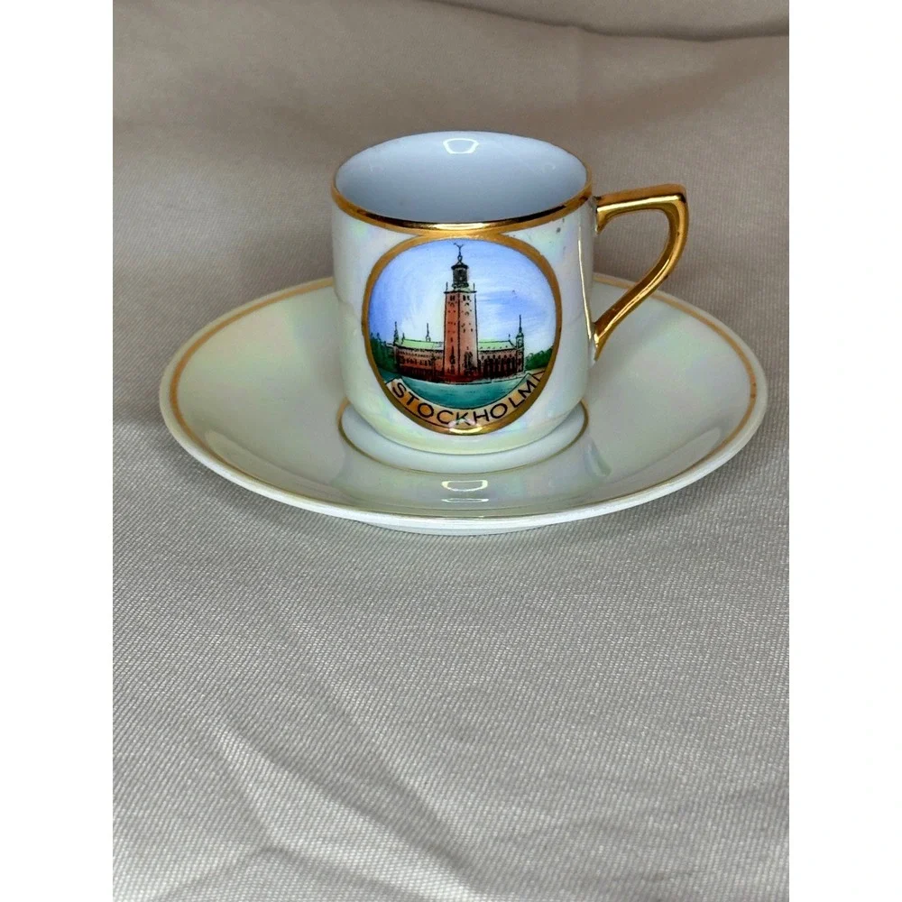 Vintage Stockholm Sweden Lusterware Demitasse Cup and Saucer Set Gold Trim
